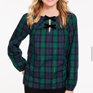 NWT! Talbots metallic bow merriment tartan top
